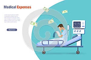 Medical expenses and health insurance concept. Patient in hospital holding medical bills feeling worry about surgery cost,