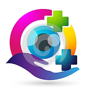 Medical eye care globe family health concept logo icon element sign on white background