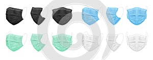 Medical face mask, blue, black, white, green. Set of isolated masks for the doctor or nurse.