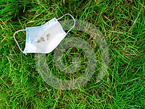 Medical face mask dumped on a grass in a park after use, with signs of phlegm on inside of the mask. Concept spread of virus and photo