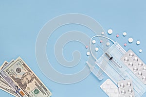 Medical face mask, packaging with pills, expendable syringe, ampulla and paper money. The concept of insurance medicine