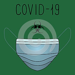 Medical face mask. Personal protective equipment against coronavirus infection COVID-19. Lettering. Biohazard sign. Vector.