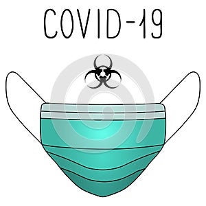 Medical face mask. Personal protective equipment against coronavirus infection COVID-19. Lettering. Biohazard sign. Vector.