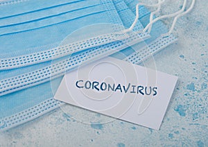 Medical face mask with white card on blue background. Best protection from coronavirus, germs,bacteria and viruses. Tex on card: