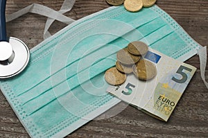 Medical face mask on a wooden table with euro coins and a five euro banknote on top of it. Concept image for the speculation on