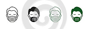 Medical Face Protection Mask Cover Mouth and Nose of Human Symbol Collection. Man in Face Mask Line and Silhouette Icon