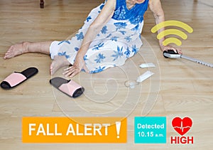 Medical fall accident detection is alert that elderly woman falling in bathroom photo