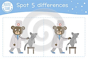 Medical find differences game for children. Medicine preschool activity with doctor examining patients lungs. Puzzle with cute