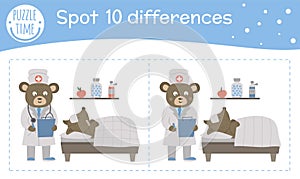 Medical find differences game for children. Medicine preschool activity with doctor making notes near patients bed. Puzzle with