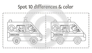 Medical find differences game and coloring page for children. Medicine preschool activity with ambulance car and cute characters.