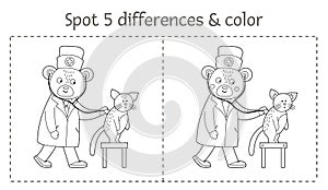 Medical find differences game and coloring page for children. Medicine preschool activity with doctor examining patients lungs.