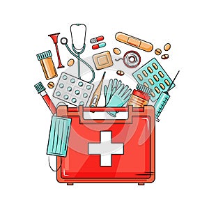 Medical first aid kit with different pills and thermometer, healthcare. Vector illustration in cartoon style