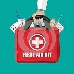 Medical first aid kit with pills and thermometer