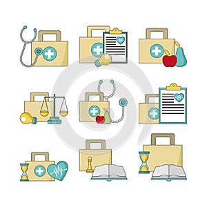 Medical first aid kits and business concept icon set, colorful design