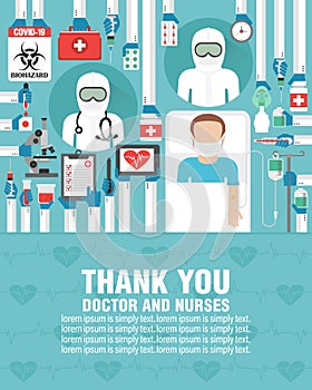 Medical flat design. Thank you doctor and nurses. Covid-19 pandemi