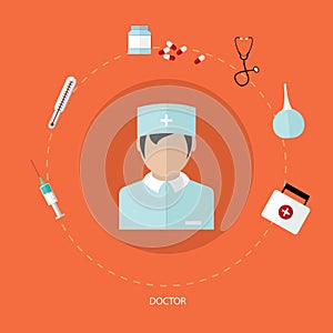 Medical flat icon set with doctor, vector design