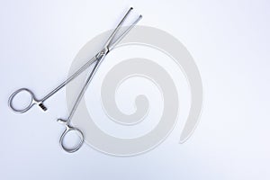 Medical forceps-scissors for clamping fabric on white isolate