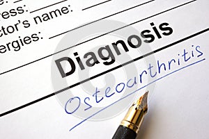 Medical form with diagnosis osteoarthritis. photo