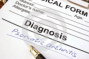 Medical form with diagnosis psoriatic arthritis. photo