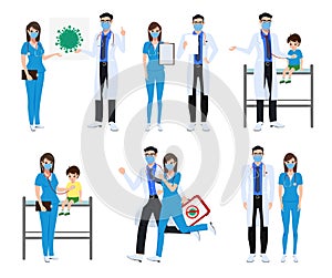 Medical front liners set character vector concept design. Covid-19 doctor and nurse characters with corona virus