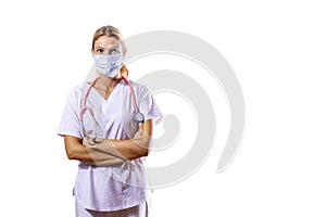 medical girl adjusting her surgical mask. Health concept. Coronavirus. COVID-19. Pandemic. Monkeypox