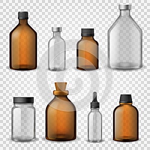 Medical glass bottles. 3d realistic brown blank packaging, pharmacy syrup bottle, aromatherapy oil cosmetic container