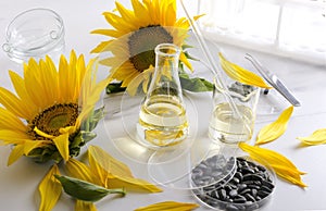 Medical glassware, sunflower oil and seeds. Laboratory quality control