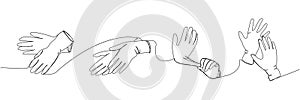 Medical gloves set. Protection, hygiene, sterility, medical supplies, equipment one line art. Continuous line drawing of photo