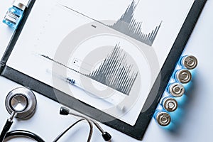 Medical graphic. Healthcare medical infographic, doctor health stethoscope and analysis vaccination statistics on hospital