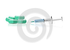 Medical green capsule with Syringe isolated white background vector illustration copy space