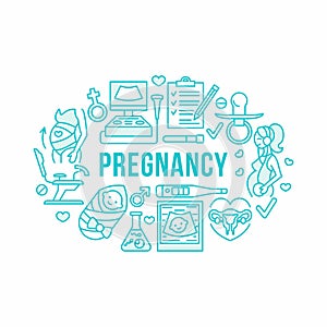 Medical, gynecology banner illustration. Obstetrics pregnancy vector line icons research, in vitro fertilization