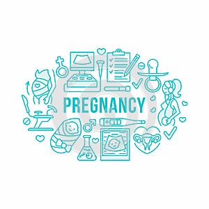 Medical, gynecology banner illustration. Obstetrics pregnancy vector line icons research, in vitro fertilization photo