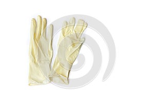 Medical hand gloves on white background. Protection from virus, bacteria, coronavirus 2019. Top view, flat lay