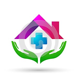 Medical health care clinic cross people home house healthy life care logo design icon on white background