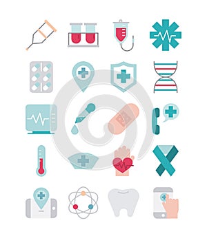 Medical health care equipment assistance support icons set line and fill style