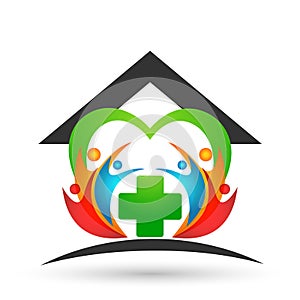 Medical health care heart clinic home house cross people healthy life care logo design icon on white background