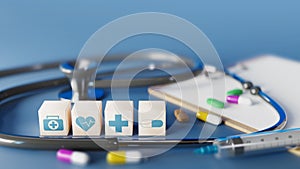 medical health care icon with medical equip and pill blue background, 3d rendering photo
