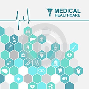 Medical health care - pulse wave and Hexagon icon About Doctors