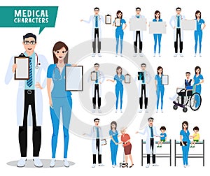 Medical and health care vector character set. Doctor, nurse and pediatrician characters holding empty white board