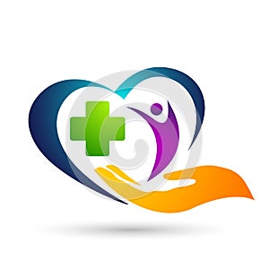 Medical health heart care clinic people healthy life care logo design icon on white background