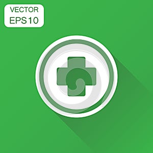 Medical health icon. Business concept medicine hospital plus sign pictogram. Vector illustration on green background with long sh