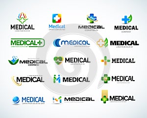 Medical and health logo design templates set. Medical pharmacy logotypes set. Isolated Vector illustration.