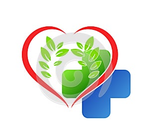Medical health red heart  with green leaf service cross logo vector online doctor logo design symbol.