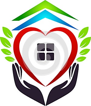 Medical health red heart home house green leaf care clinic people new healthy life care logo design icon on white background.