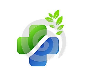 Medical health service cross with green leaf logo vector online doctor logo design symbol.