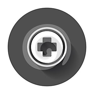 Medical health vector icon. Medicine hospital plus sign illustration on black round background with long shadow.