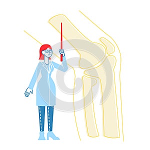 Medical Healthcare Concept. Doctor Orthopedist Character with Pointer Look at Huge Picture of Leg Skeleton Bones