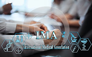 Medical healthcare concept - group of doctors in hospital with digital medical icons, graphic banner showing symbol of medicine,