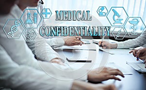 Medical healthcare concept - group of doctors in hospital with digital medical icons, graphic banner showing symbol of medicine,