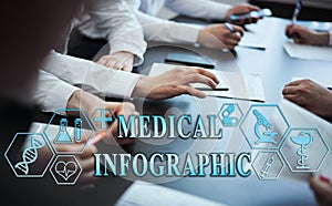 Medical healthcare concept - group of doctors in hospital with digital medical icons, graphic banner showing symbol of medicine,